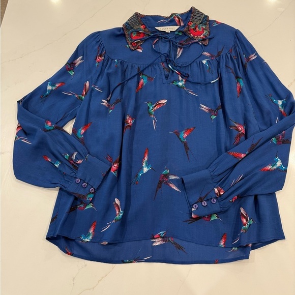 Anthropologie Ranna Gill Audubon Embroidered collared Blouse sequins hummingbird - Picture 6 of 13